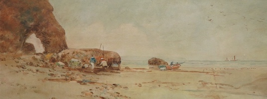 Oswald Garside (1879-1942), watercolour, Beach scene, signed, 19 x 48cm. Condition - fair